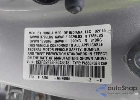2015 Honda Civic Ex from USA, damaged, VIN 19XFB2F83FE043518